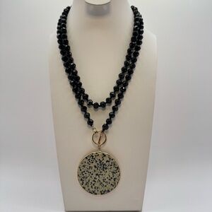 Dalmatian Jasper Pendant Necklace 38.5” Black Glass Beaded Long Statement